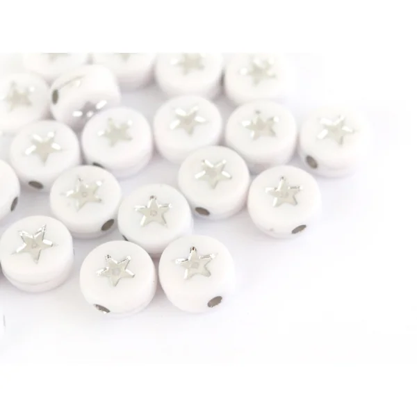 20 perles rondes en plastique - étoiles - argenté et blanc