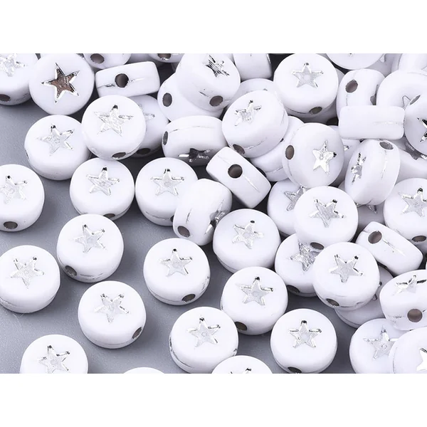 20 perles rondes en plastique - étoiles - argenté et blanc