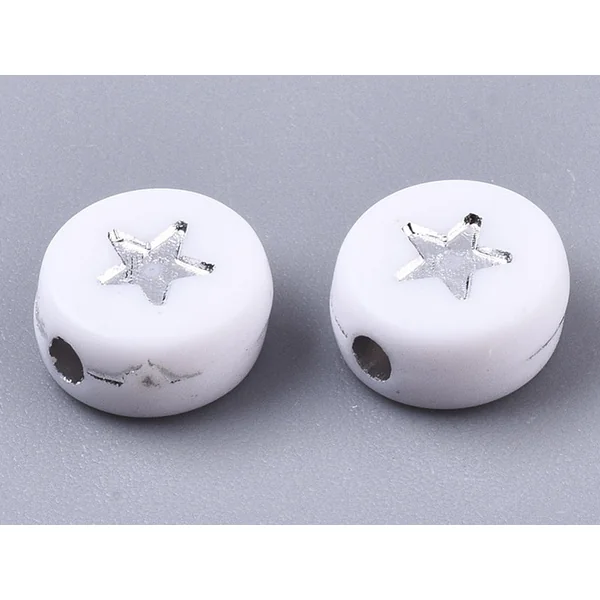 20 perles rondes en plastique - étoiles - argenté et blanc