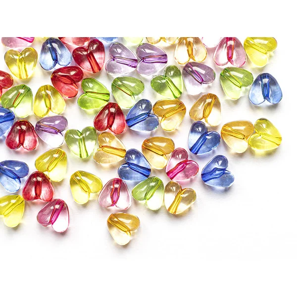 50 perles en plastique coeur - inclusion multicolore - 10 mm