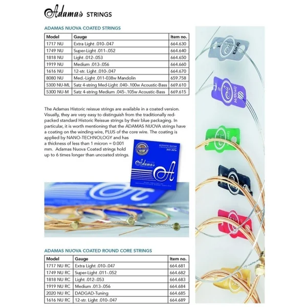 Adamas Strings for Acoustic Guitar Nuova phosphor bronze coated set (3) - Set of 3 Ex-Light .010 (1717NU-3)