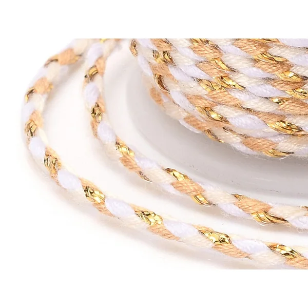 Bobine de 4 m de cordon en coton tressé - Blanc, beige, rose et doré