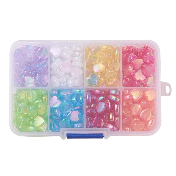Boite d'assortiment de perles en plastique en forme de cœur - 8 couleurs