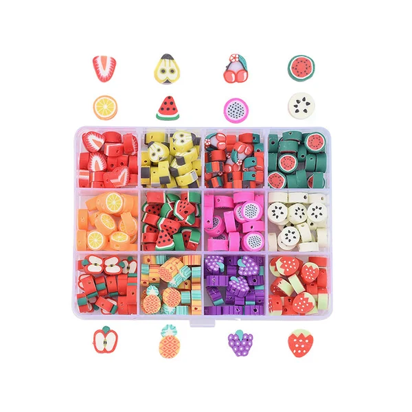 Boite de 12 compartiments de perles fruits en pâte polymère - Multicolore