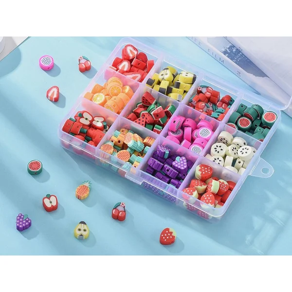 Boite de 12 compartiments de perles fruits en pâte polymère - Multicolore