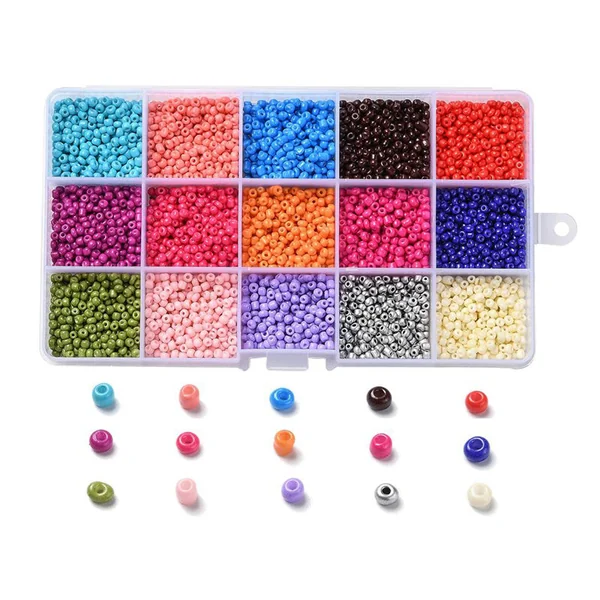 Boite de 15 couleurs variées de perles de rocailles rondes 8/0 - 3mm env.