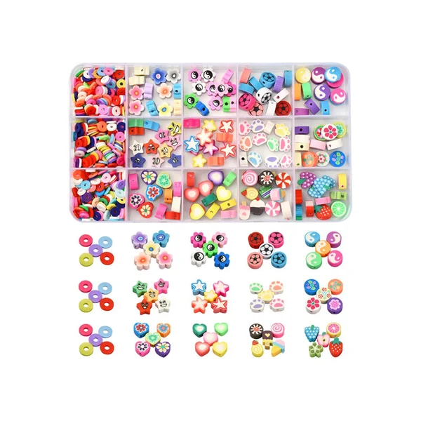 Boite de 15 styles de perles en pâte polymère - Multicolore
