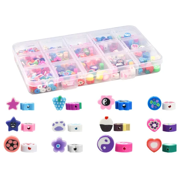 Boite de 15 styles de perles en pâte polymère - Multicolore