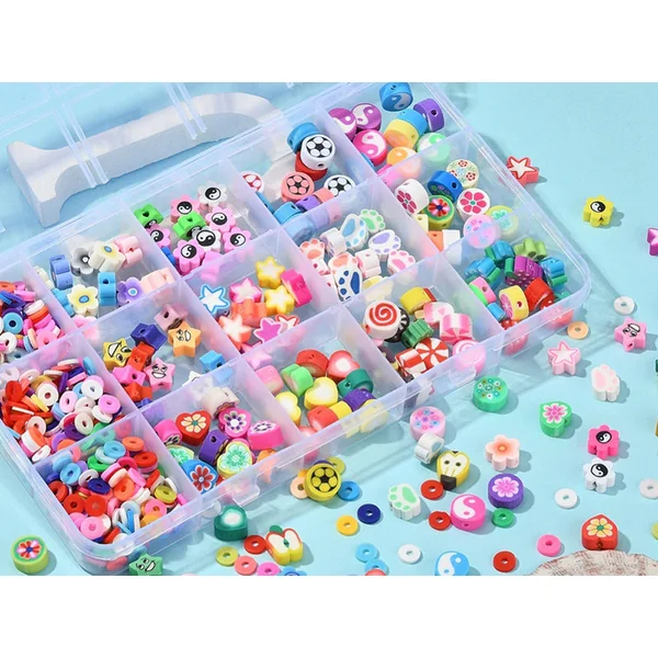 Boite de 15 styles de perles en pâte polymère - Multicolore