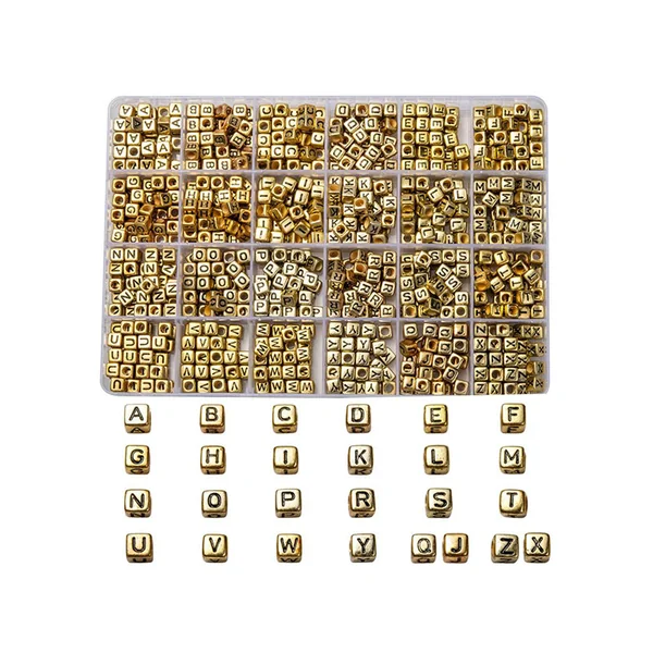 Boite de 934 perles lettres alphabet carrées - dorées