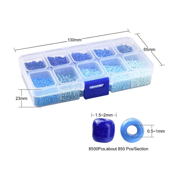 Boite de perles de rocailles - 10 Nuances bleues- 2,5mm - 8500 pcs