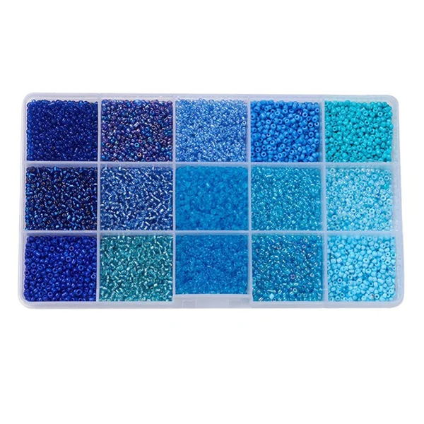 Boite de perles de rocailles - 15 Nuances Bleues - 2,5mm