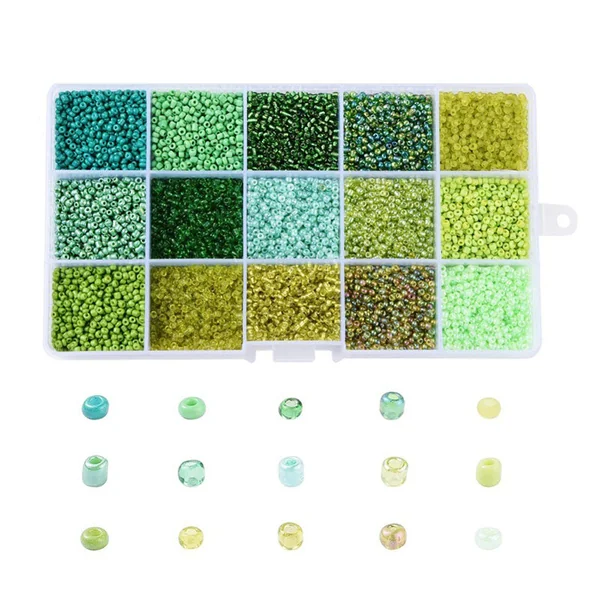 Boite de perles de rocailles - 15 Nuances Vertes - 2,5mm
