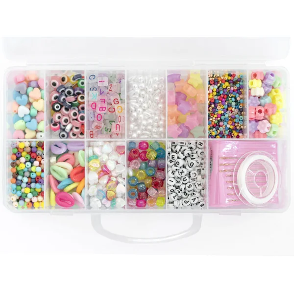 Boite valisette d'assortiment de 12 types de perles en plastique, fil et aiguilles