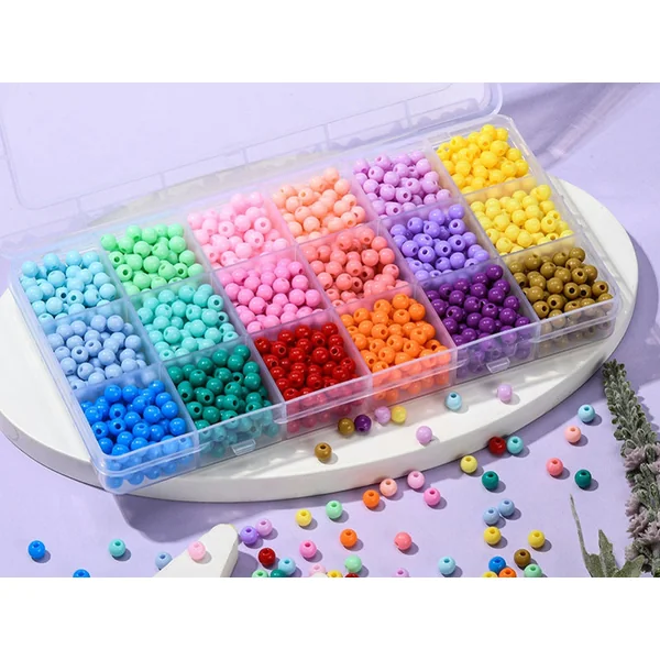 Boîte de 1500 perles - 18 couleurs de perles opaques en plastique - 6 x 5 mm