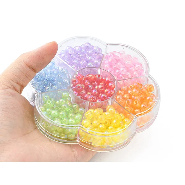 Boîte de 490 perles rondes transparentes en acrylique - 7 couleurs - 6 mm