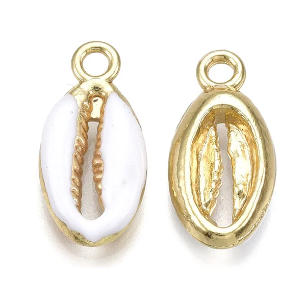 Breloque émaillée et dorée - Coquillage cauri blanc - 17 x 8,5 mm