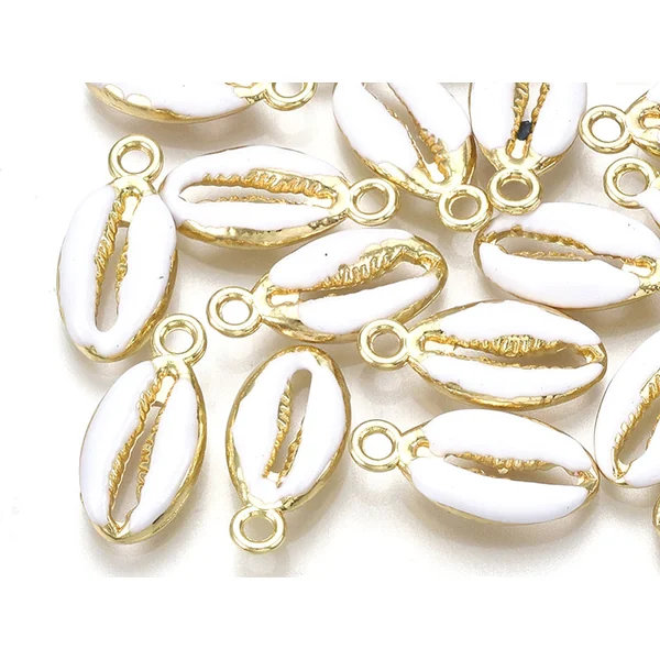 Breloque émaillée et dorée - Coquillage cauri blanc - 17 x 8,5 mm