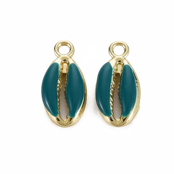 Breloque émaillée et dorée - Coquillage cauri bleu pétrole - 17 x 8,5 mm