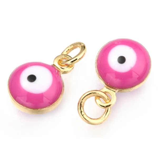 Breloque émaillée et dorée à l'or fin - œil rose - 9,5 x 6,5 mm