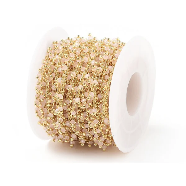 Chaine perles facettes - rose poudre - doré à l'or fin 18K x 20 cm