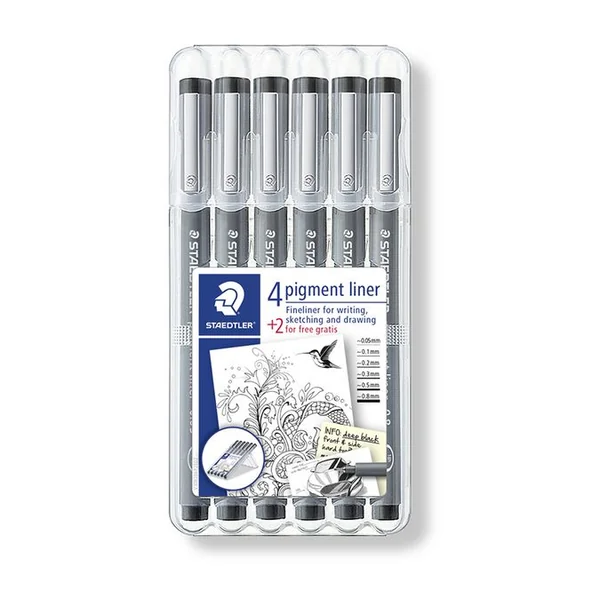 Feutres STAEDTLER - Pigment Liner - Etui chevalet 4+2 gratuits feutres noirs - Pointe calibrée 0,05, 0,1, 0,2, 0,3, 0,5, 0,8 - 308 SB6P