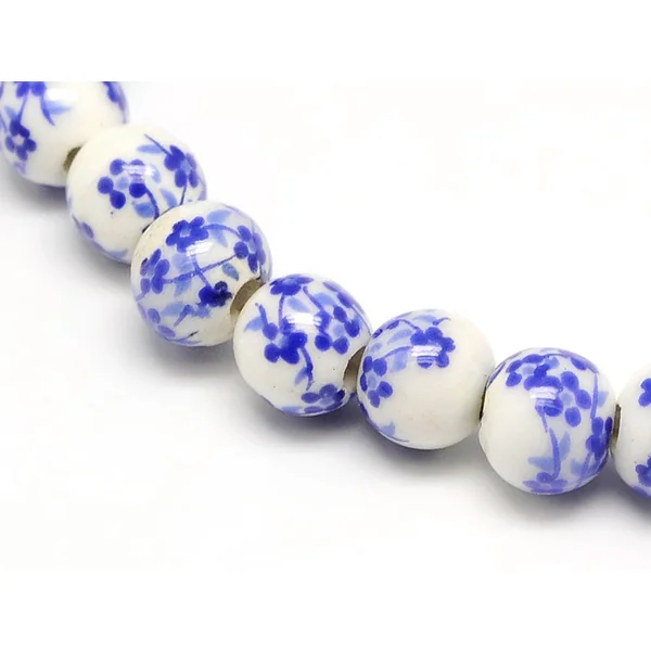 Lot de 10 perles en porcelaine - Fleurs bleues - 6 mm