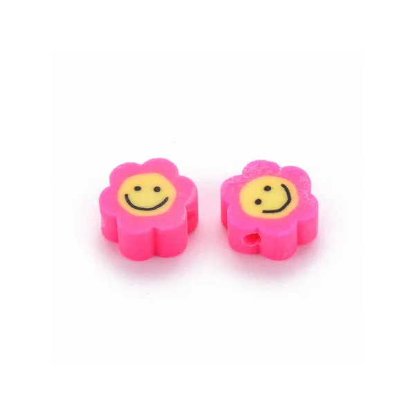 Lot de 20 perles en pâte polymère - fleur émoticône - Rose foncé