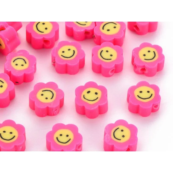Lot de 20 perles en pâte polymère - fleur émoticône - Rose foncé