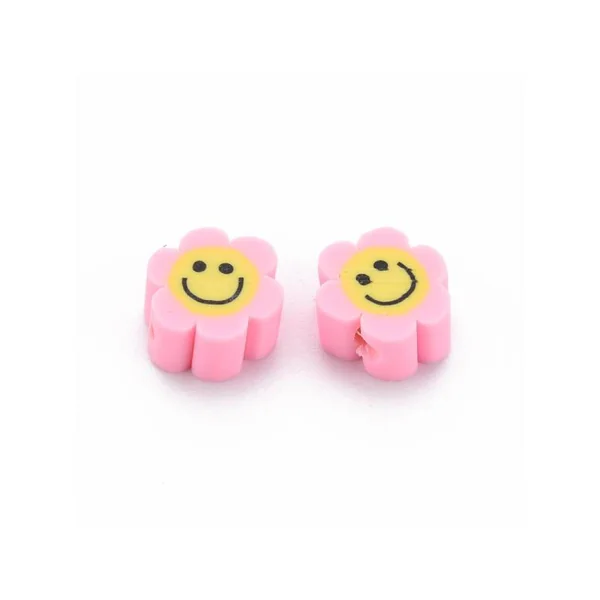 Lot de 20 perles en pâte polymère - Fleur émoticône - Rose perle
