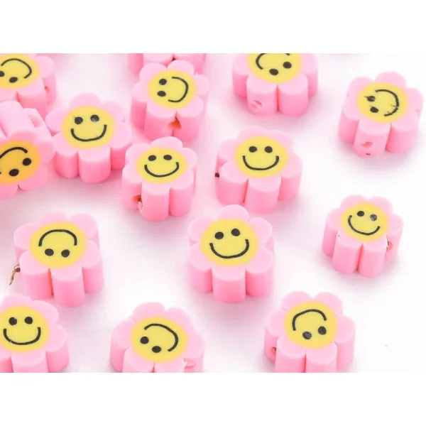 Lot de 20 perles en pâte polymère - Fleur émoticône - Rose perle