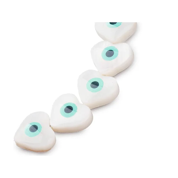 Lot de 5 perles cœur avec œil - Coquillage nacré - 10 mm