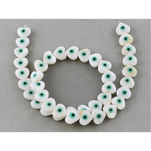 Lot de 5 perles cœur avec œil - Coquillage nacré - 10 mm