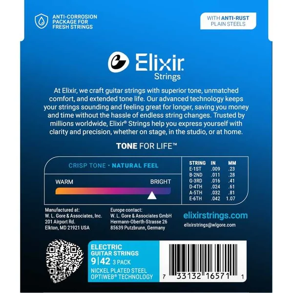 Pack de 3 jeux de Cordes pour Guitare Electrique ELIXIR 16571 - Optiweb 09-042