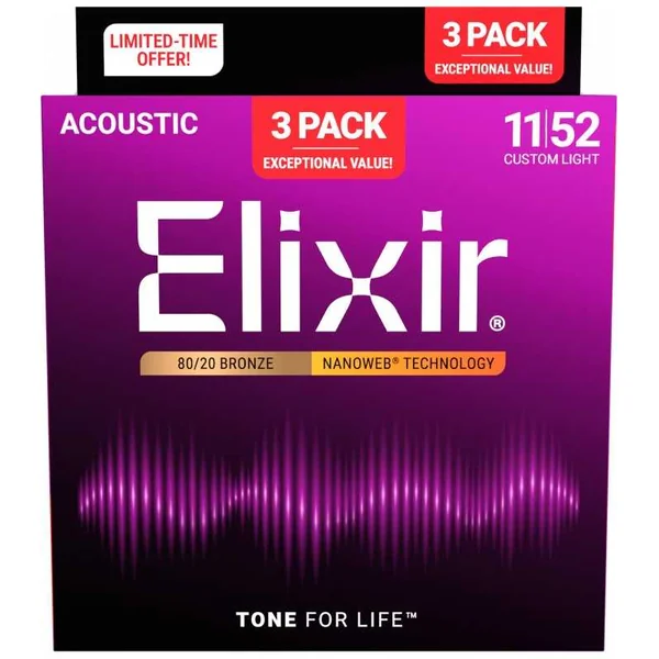 Pack de 3 jeux de Cordes pour Guitare Folk ELIXIR 11027 - Nanoweb 80/20 11-52