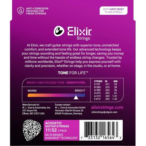 Pack de 3 jeux de Cordes pour Guitare Folk ELIXIR 11027 - Nanoweb 80/20 11-52
