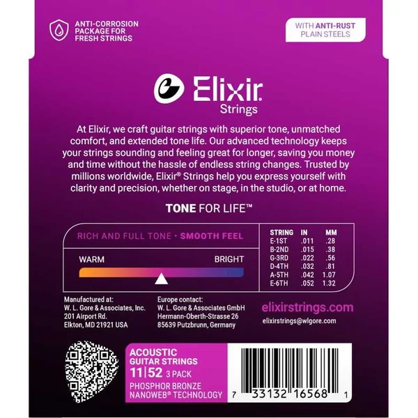 Pack de 3 jeux de Cordes pour Guitare Folk ELIXIR 16027 - Nanoweb Phosphore 11-52