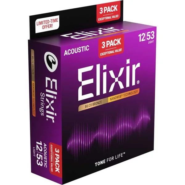 Pack de 3 jeux de Cordes pour Guitare Folk ELIXIR 16565 - Nanoweb Bronze 80/20 12-53