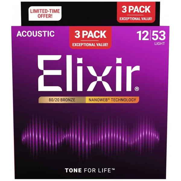 Pack de 3 jeux de Cordes pour Guitare Folk ELIXIR 16565 - Nanoweb Bronze 80/20 12-53