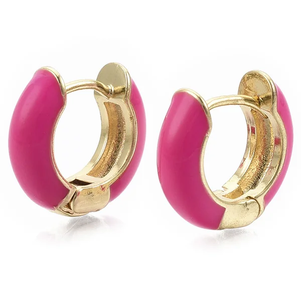 Paire de boucles d'oreilles huggie - Émaillé et doré à l'or fin - Rose vif
