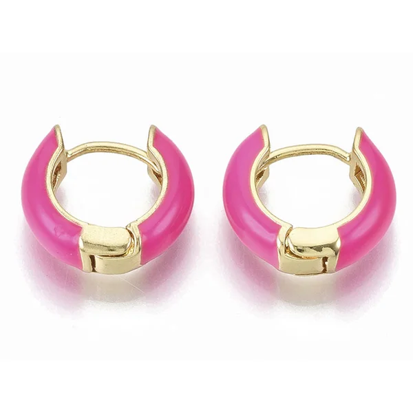 Paire de boucles d'oreilles huggie - Émaillé et doré à l'or fin - Rose vif