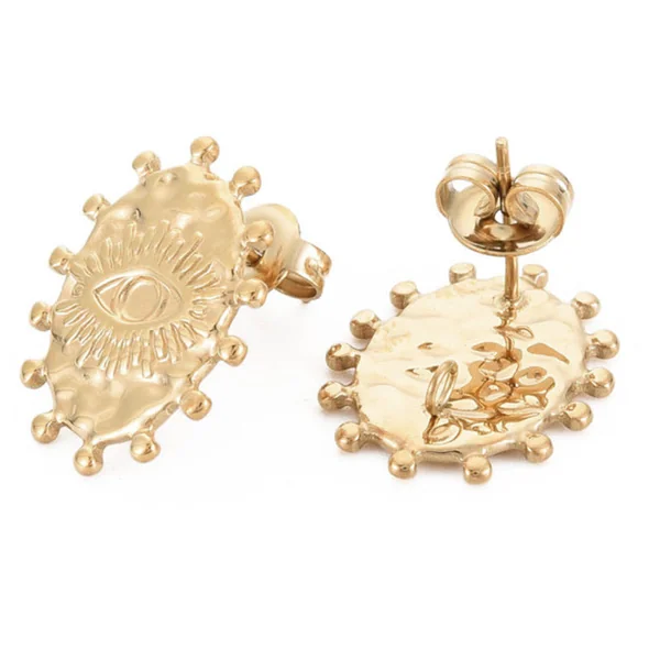 Paire de puces d'oreilles ovales ethniques - doré a l'or fin 18K - 19 x 15 mm