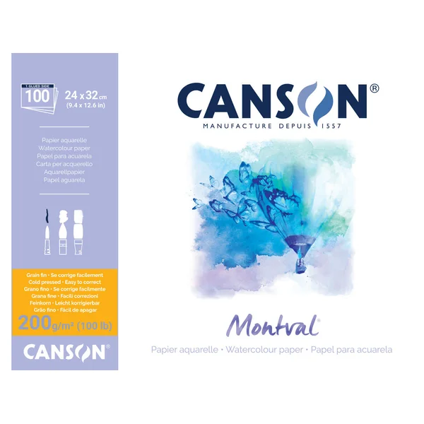 Papier aquarelle Montval grain fin collé grand côté 200g/m²