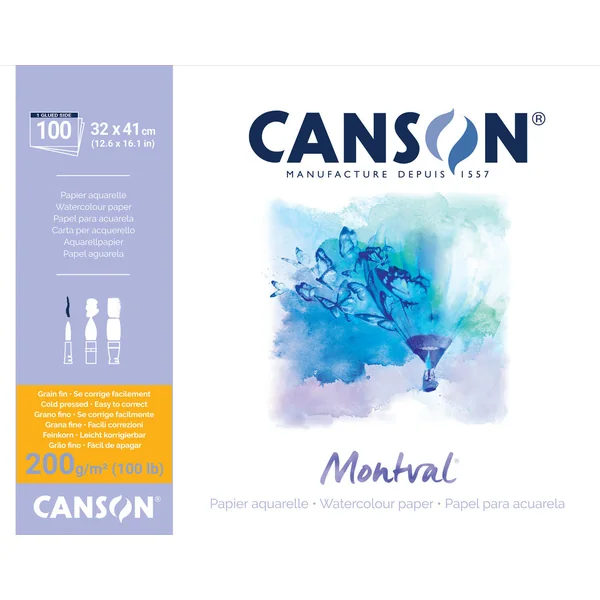 Papier aquarelle Montval grain fin collé grand côté 200g/m²