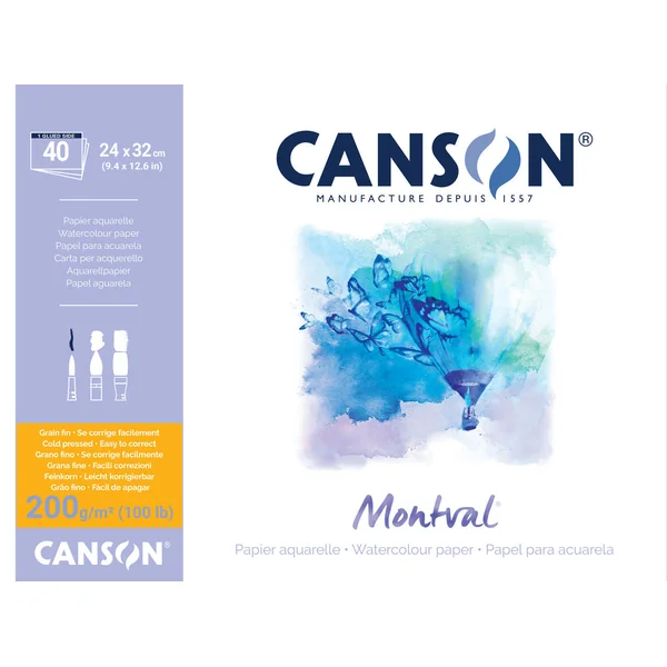 Papier aquarelle Montval grain fin collé grand côté 200g/m²