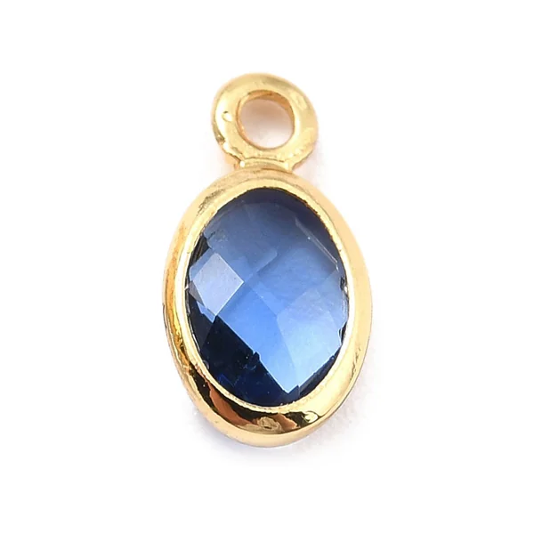 Pendentif ovale serti en verre à facettes - Doré à l'or fin 18K - 9 mm - Bleu