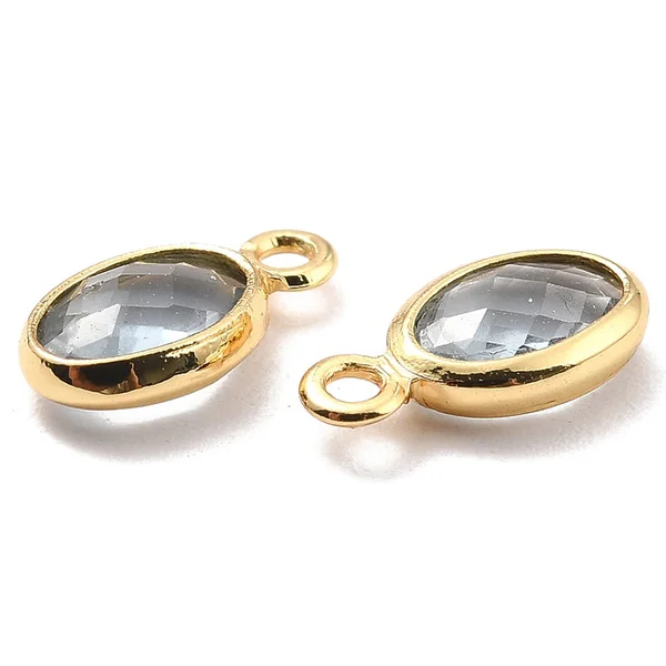 Pendentif ovale serti en verre à facettes - doré à l'or fin 18K - 9 mm - Gris