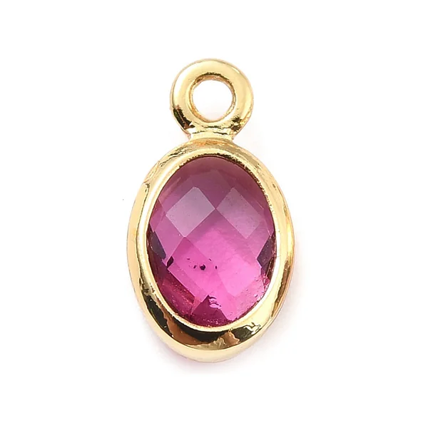 Pendentif ovale serti en verre à facettes - doré à l'or fin 18K - 9 mm - Rose fuchsia