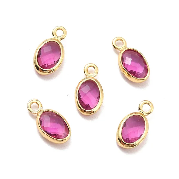 Pendentif ovale serti en verre à facettes - doré à l'or fin 18K - 9 mm - Rose fuchsia