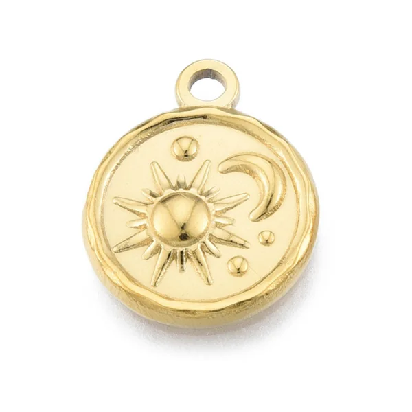 Pendentif rond soleil et lune doré à l'or fin 18K - 19 x 15 mm